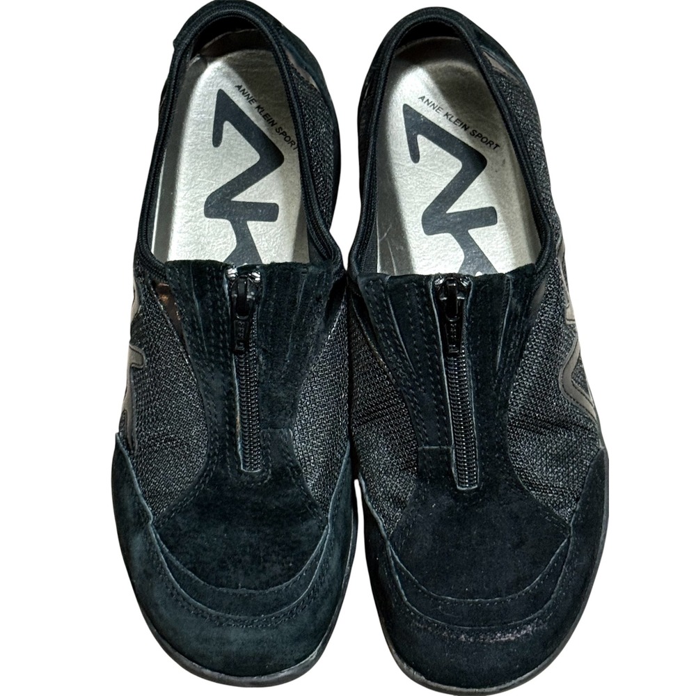 Anne Klein Sport Anna Black Suede Mesh Front Zip Slip On Sneakers Womens 9M